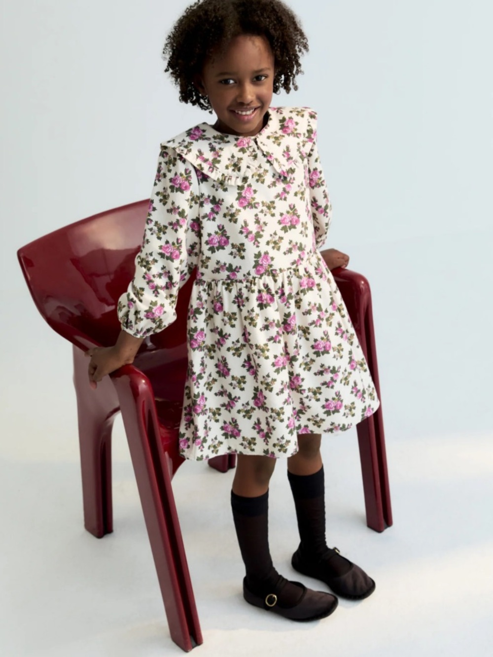 THE NEW SOCIETY Girls' White Floral Ruffle Collar Dress - Pink Rose Print